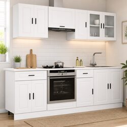 Kitchen Cabinet Set 8 Piece White Storage Engineered Wood Cupboard Unit