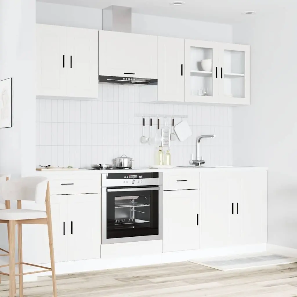 8-Piece White Engineered Wood Kitchen Cabinet Set