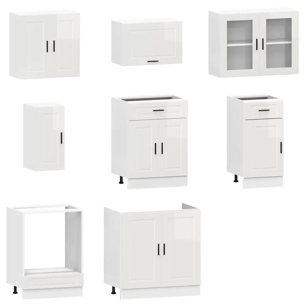 8 Piece Kitchen Cabinet Set Engineered Wood White High Gloss Storage Cupboard