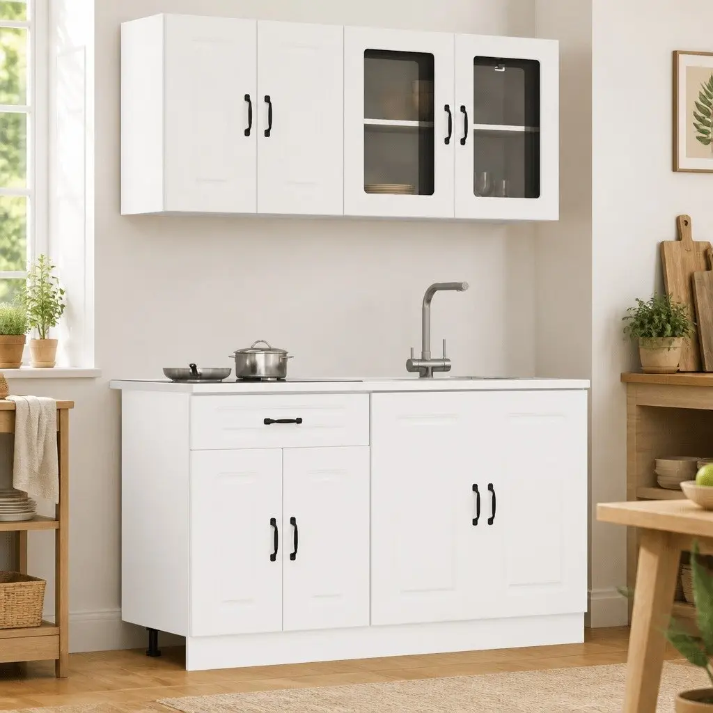 4-Piece White Engineered Wood Kitchen Cabinet Set