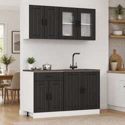 Durable 4 Piece Black Engineered Wood Kitchen Cabinet Set