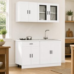 4 Piece Kitchen Cabinet Set White Storage Engineered Wood Adjustable Feet