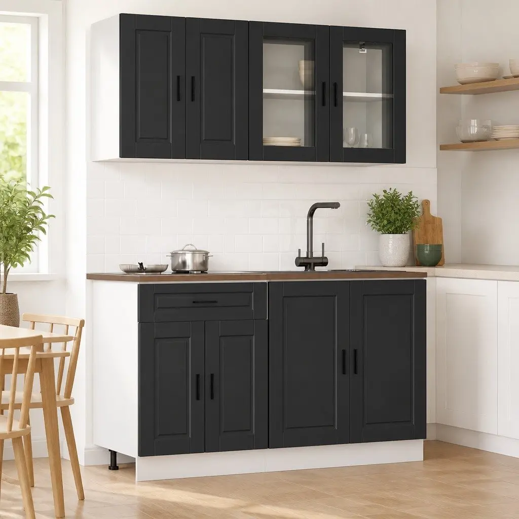 4 Piece Black Kitchen Cabinet Set Engineered Wood Storage Cupboards Adjustable