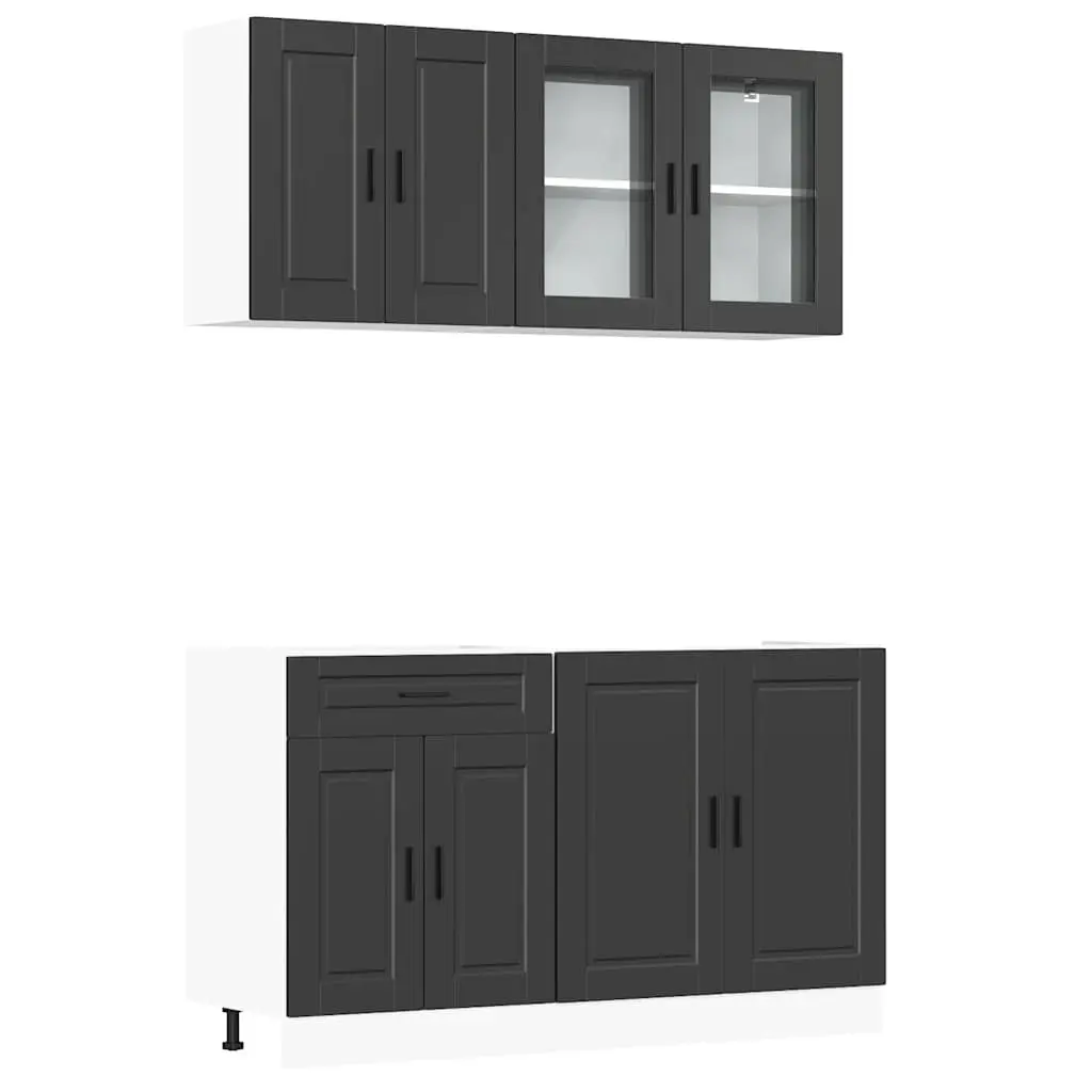 4 Piece Black Kitchen Cabinet Set Engineered Wood Storage Cupboards Adjustable