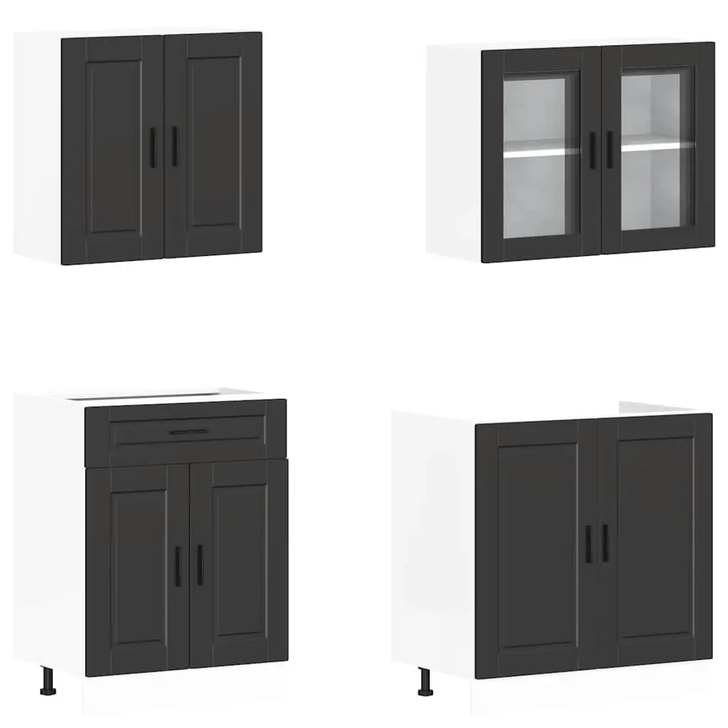4 Piece Black Kitchen Cabinet Set Engineered Wood Storage Cupboards Adjustable