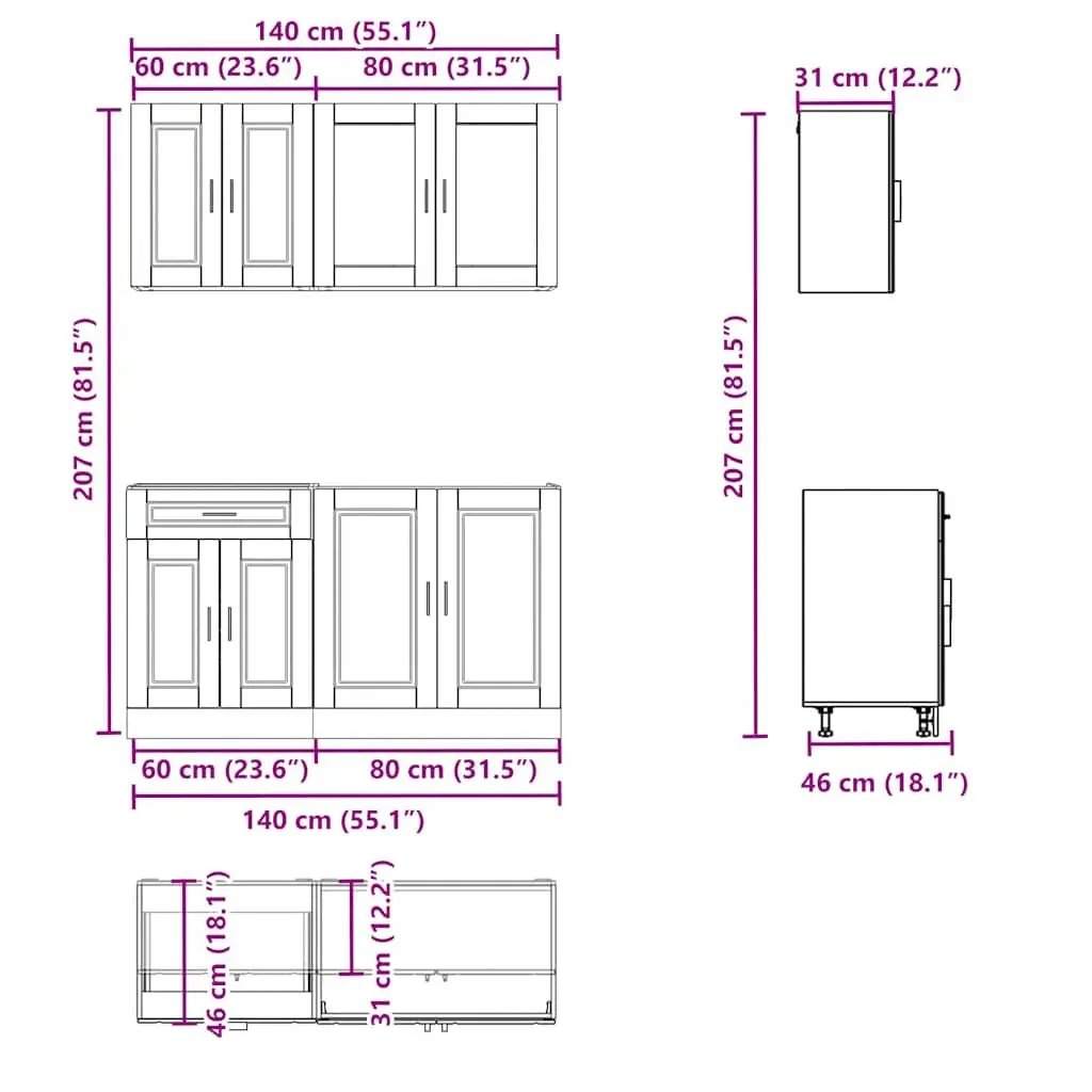 4 Piece Black Kitchen Cabinet Set Engineered Wood Storage Cupboards Adjustable