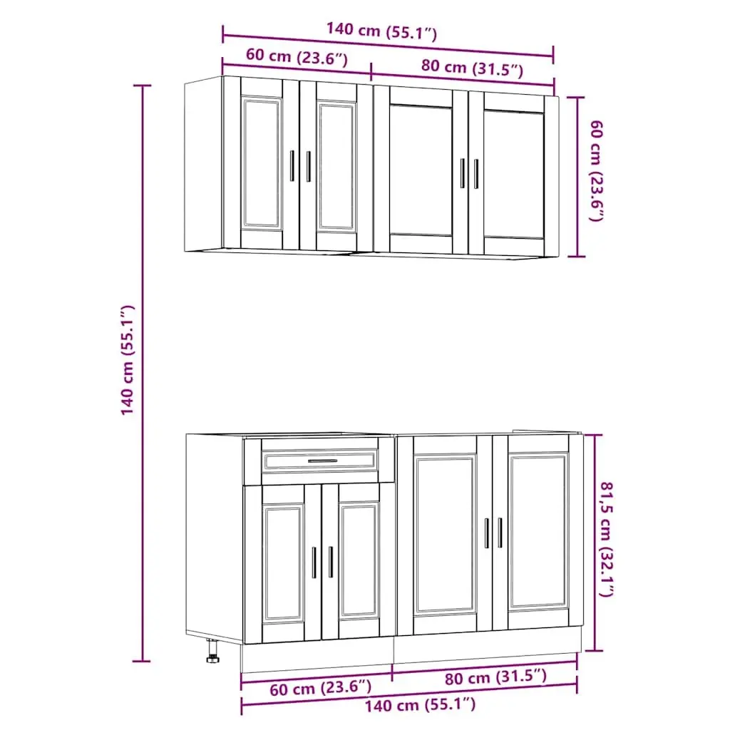 4 Piece Black Kitchen Cabinet Set Engineered Wood Storage Cupboards Adjustable