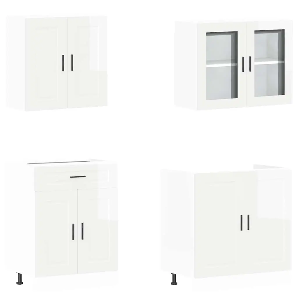 4 Piece Kitchen Cabinet Set Engineered Wood White High Gloss