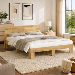Sturdy Solid Wood Oak Bed Frame with Headboard 135x190 cm