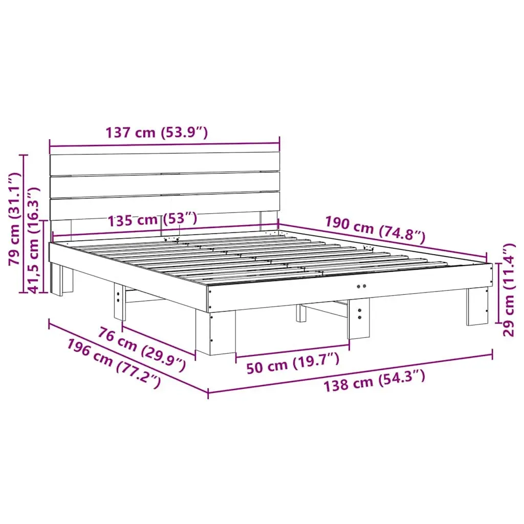 Solid Wood Oak Bed Frame with Headboard 135x190 cm