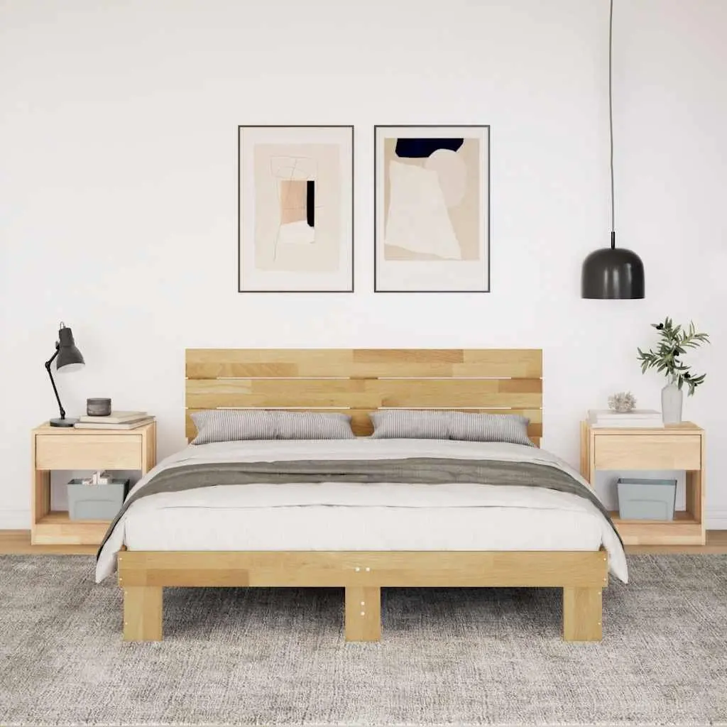 Solid Wood Oak Bed Frame with Headboard 135x190 cm