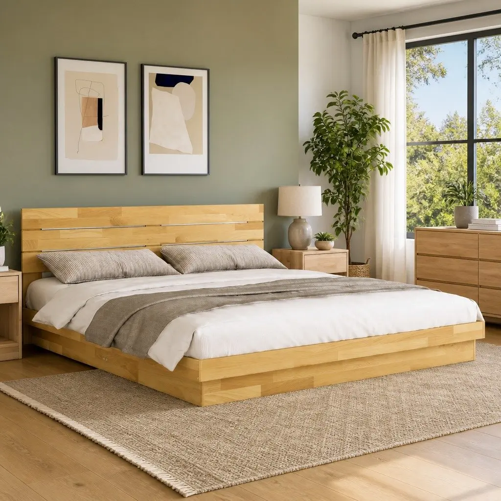 Solid Oak Bed Frame with Integrated Headboard 180x200 cm