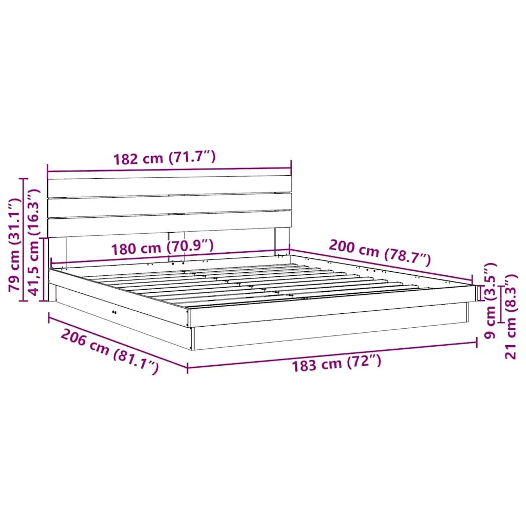 Solid Oak Bed Frame with Integrated Headboard 180x200 cm
