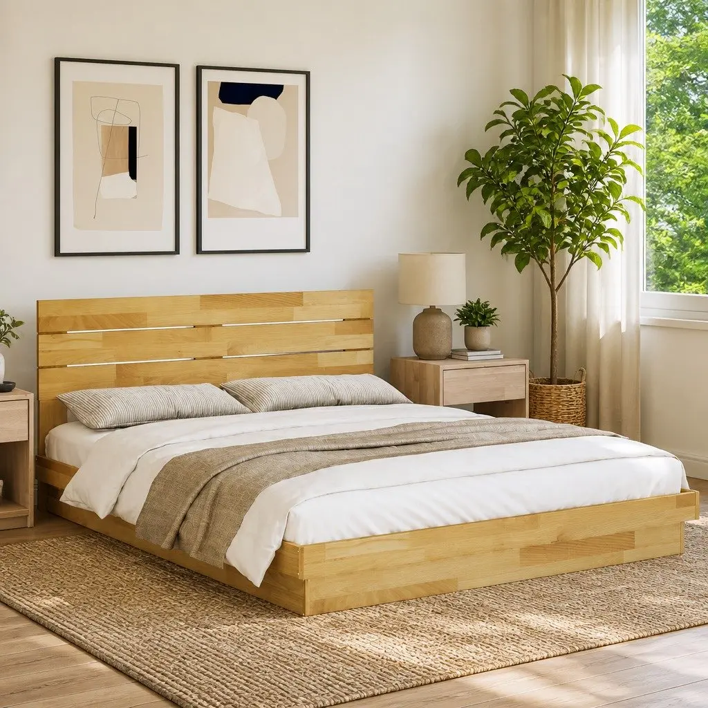 Solid Wood Bed Frame with Headboard 150x200 cm Low Floor Design Slatted Base