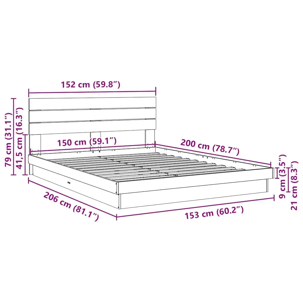 Solid Wood Bed Frame with Headboard 150x200 cm Low Floor Design Slatted Base