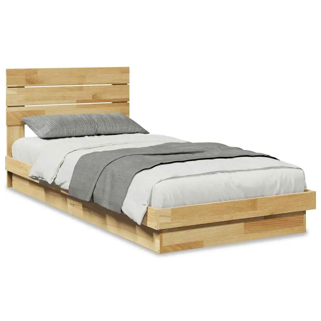 Solid Wood Oak Bed Frame 90x190 cm with Headboard Low Floor Slatted Base