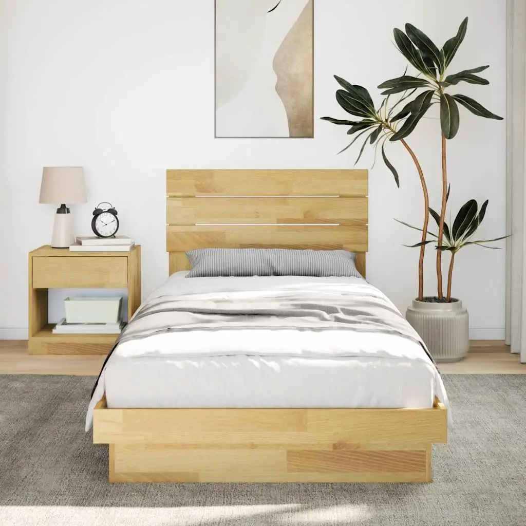 Solid Wood Oak Bed Frame 90x190 cm with Headboard Low Floor Slatted Base