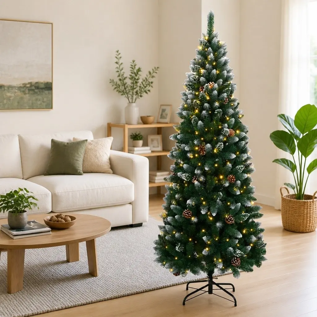 Artificial Christmas Tree PVC 180cm Green 300 LED Lights Hinged Branches Steel Stand