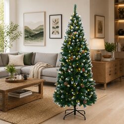 Artificial Christmas Tree 210cm Green 300 LED Lights Hinged Branches Steel