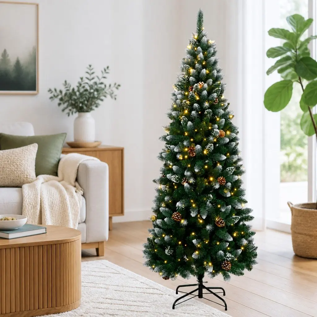 Artificial Christmas Tree PVC 240cm Green 300 LED Lights Hinged Branches Steel Stand