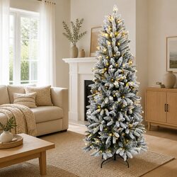 Artificial Christmas Tree 180cm Green 300 LED Lights Flocked Snow Holiday Decor