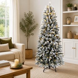 Artificial Christmas Tree 240cm 300 LED Lights Flocked Snow Green Hinged