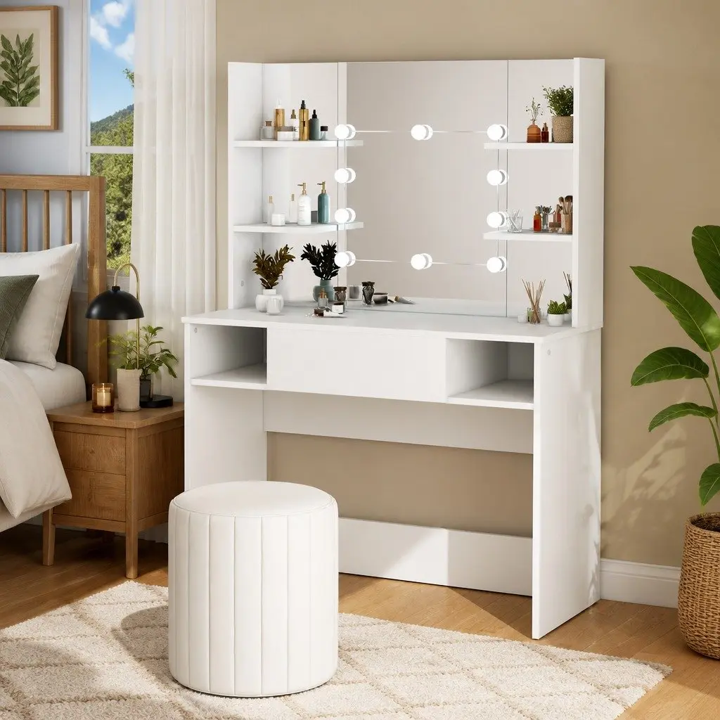Makeup Dressing Table with LED Lights Mirror White Bedroom Vanity Unit Storage