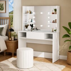 Makeup Dressing Table with LED Lights Mirror White Bedroom Vanity Unit Storage