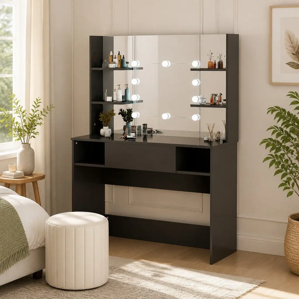 LED-Illuminated Black Makeup Vanity Table with Mirror