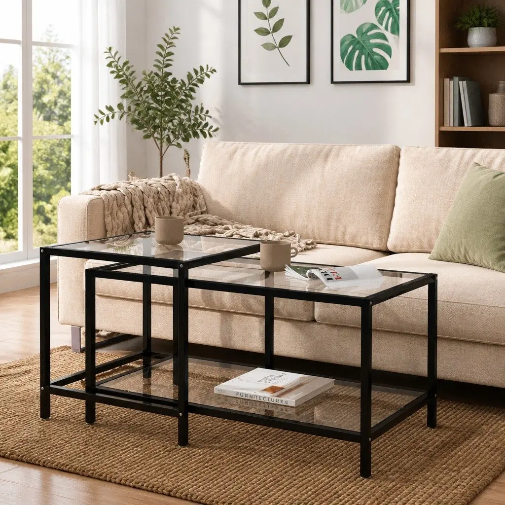 Tempered Glass Tea Tables Set of 2 Transparent Industrial Style Coffee Accent Furniture