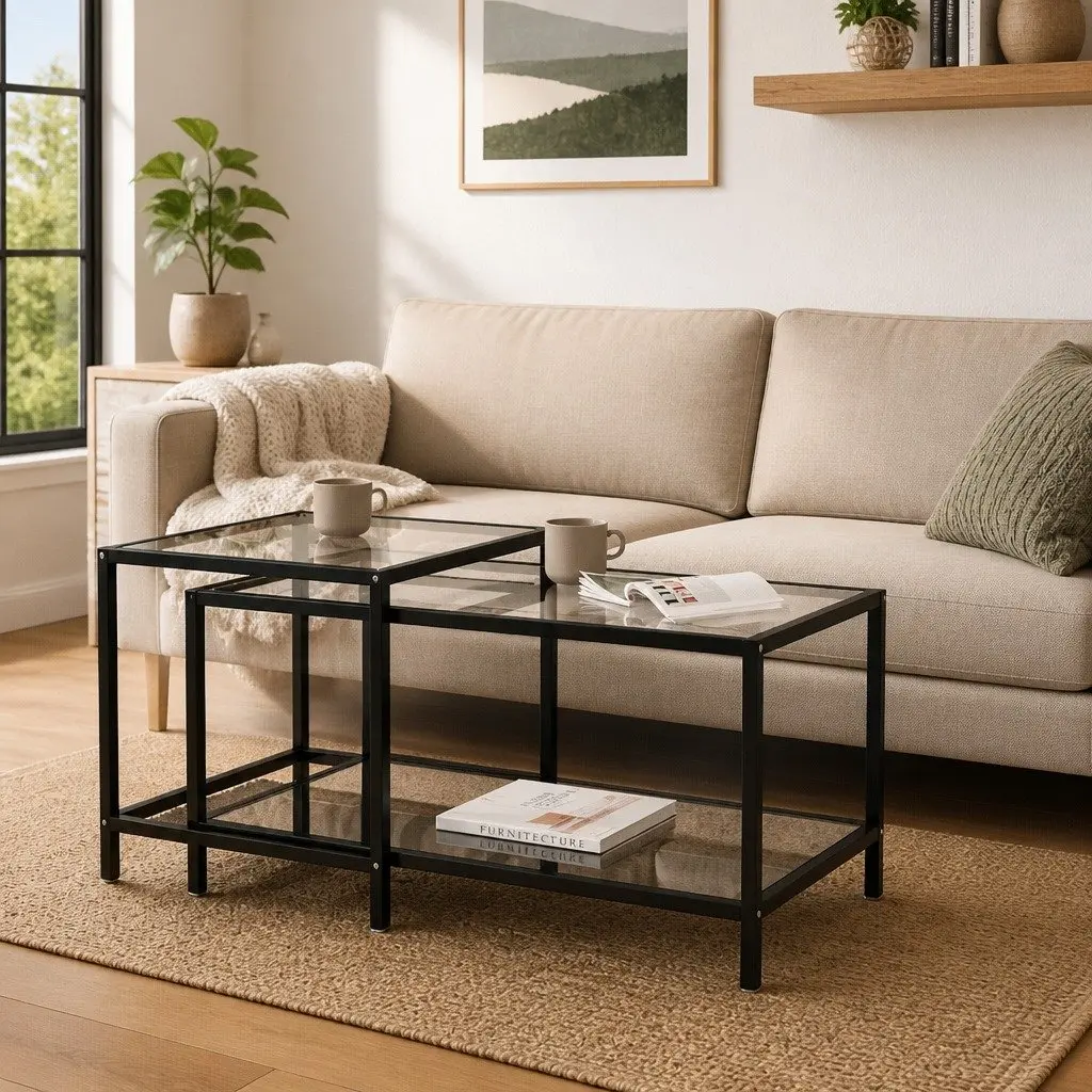 Set of 2 Black Tempered Glass Top Tea Tables