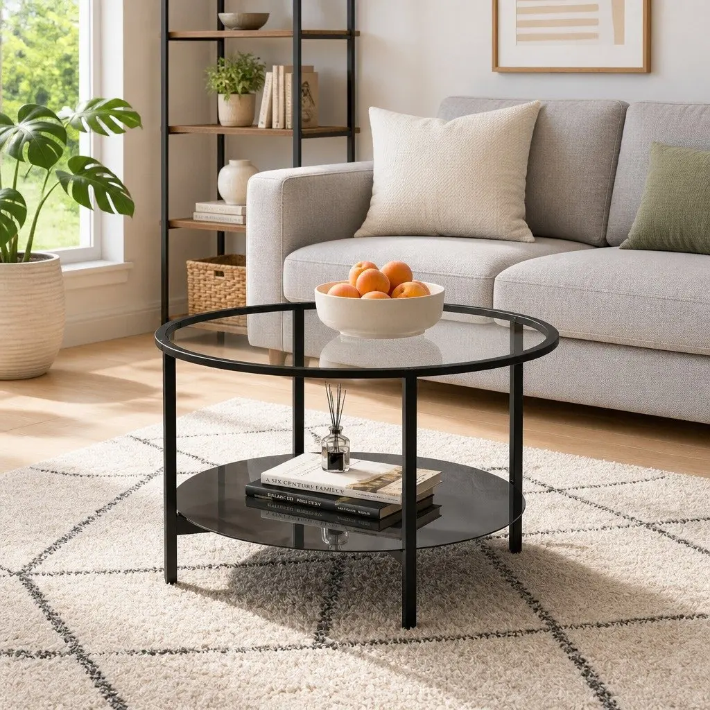 Black Tempered Glass End Table with 2-Tier Shelf