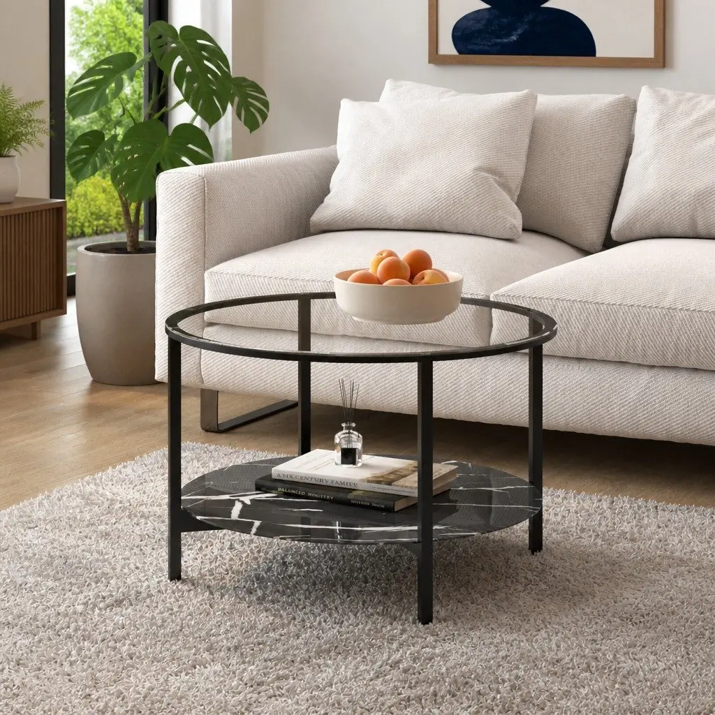 Black Marble Glass Top 70cm Tea Table with 2 Tiers