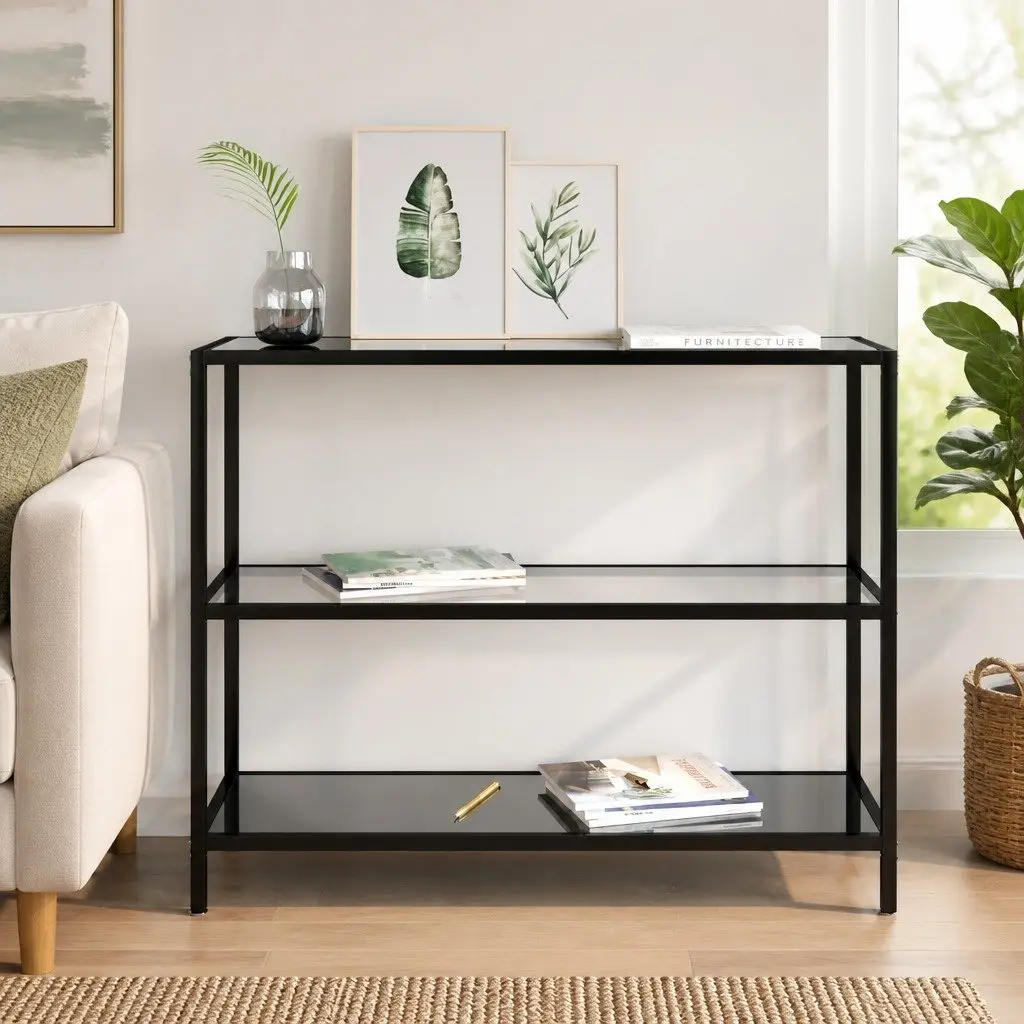 Black Corner Shelf Unit with Tempered Glass Display