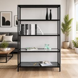 Corner Shelf Black Marble Tempered Glass Standing Bookcase Storage Display Unit
