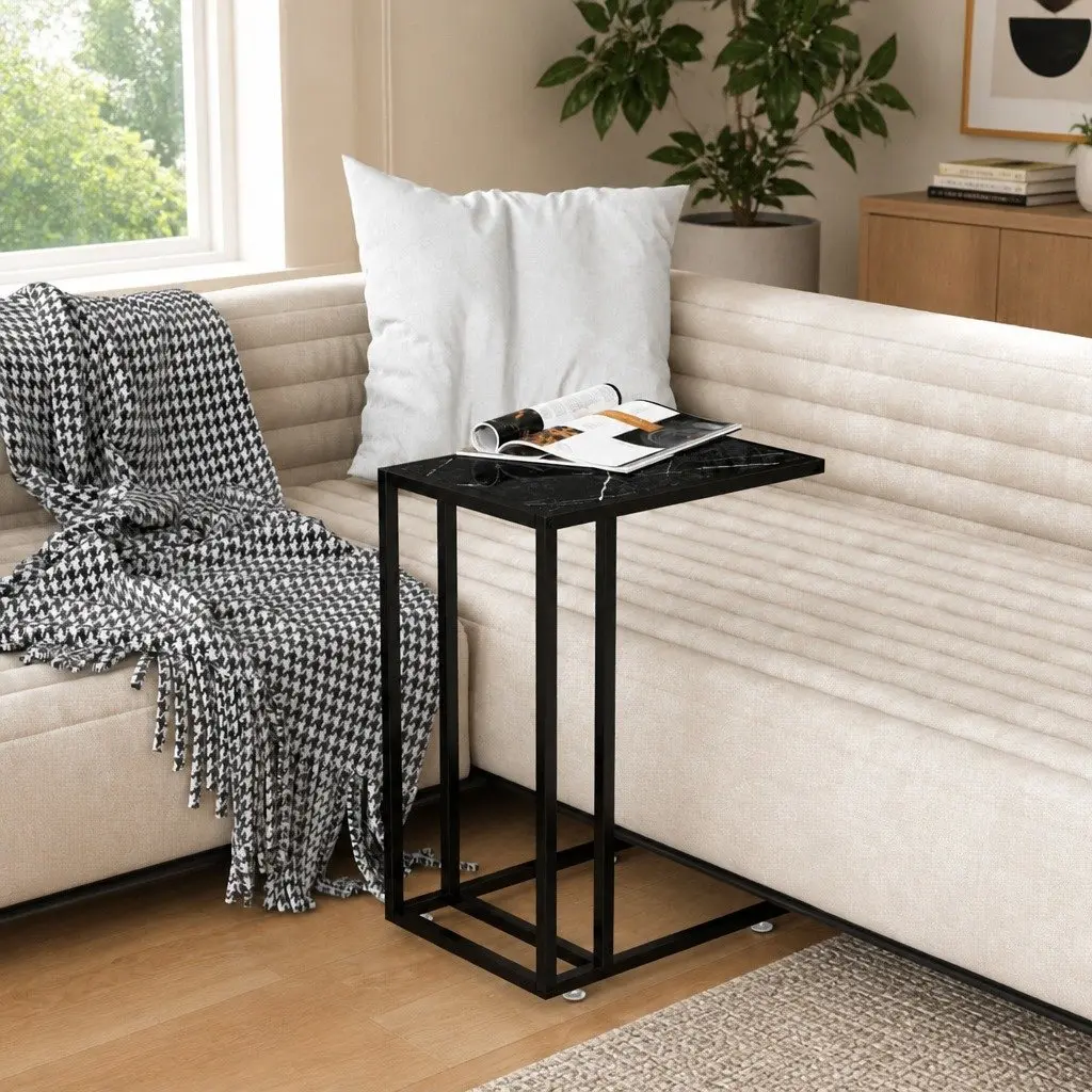 Black Marble Computer Side Table with Tempered Glass Top