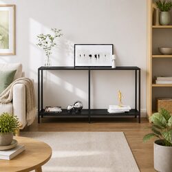 Stylish Black Console Table with Glass Top and Shelf