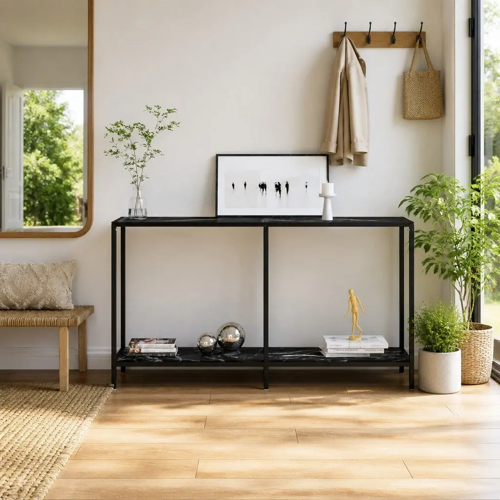 Black Console Table with Tempered Glass Shelf