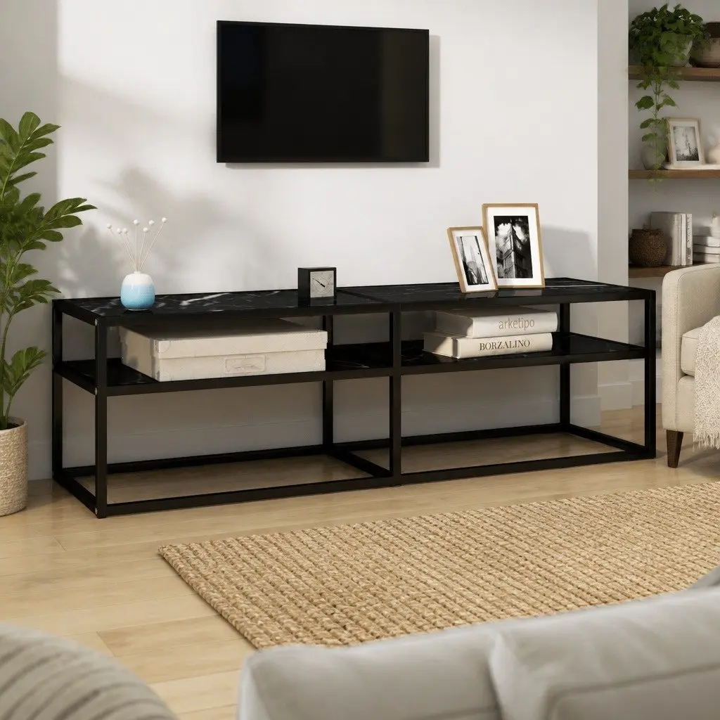 Black Marble TV Cabinet with Tempered Glass
