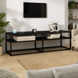 Durable Black Marble TV Cabinet with Tempered Glass