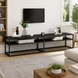 Durable Black Marble TV Cabinet with Glass Shelving