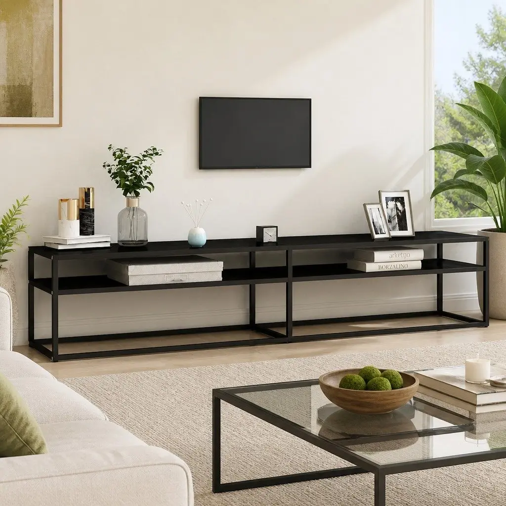 TV Cabinet Tempered Glass Steel Frame 200 x 40 x 40.5 cm Black