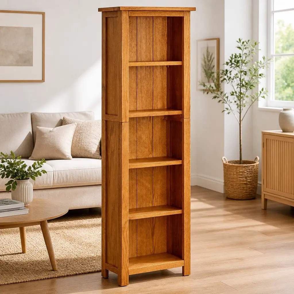 5-Tier Solid Oak Wood Bookcase for Sturdy Storage