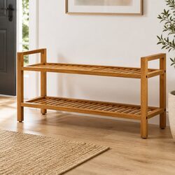 Sturdy Brown Wooden Shoe Rack with 2 Shelves