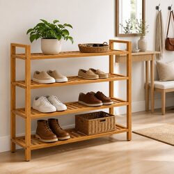 Solid Wood Shoe Rack with 4 Open Shelves - Brown