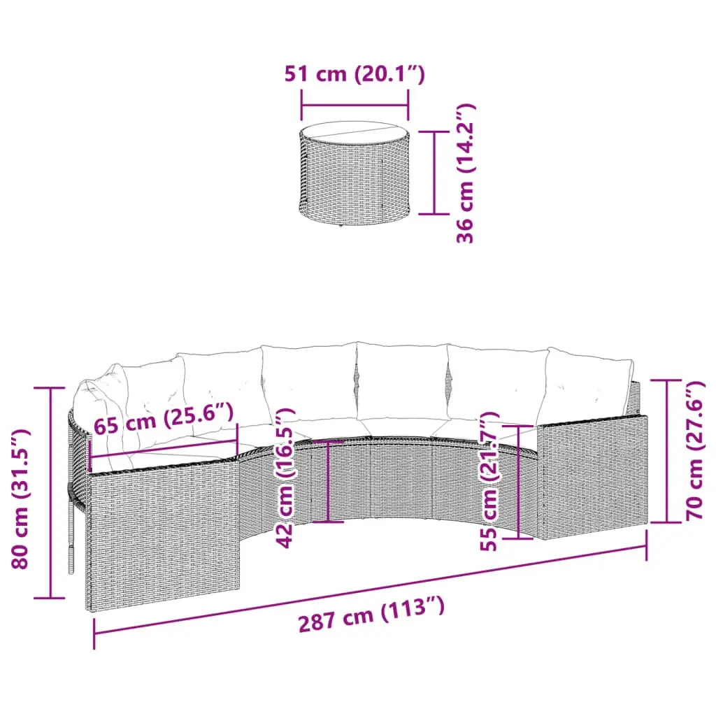 Half-Round Garden Sofa Set with Table in Grey