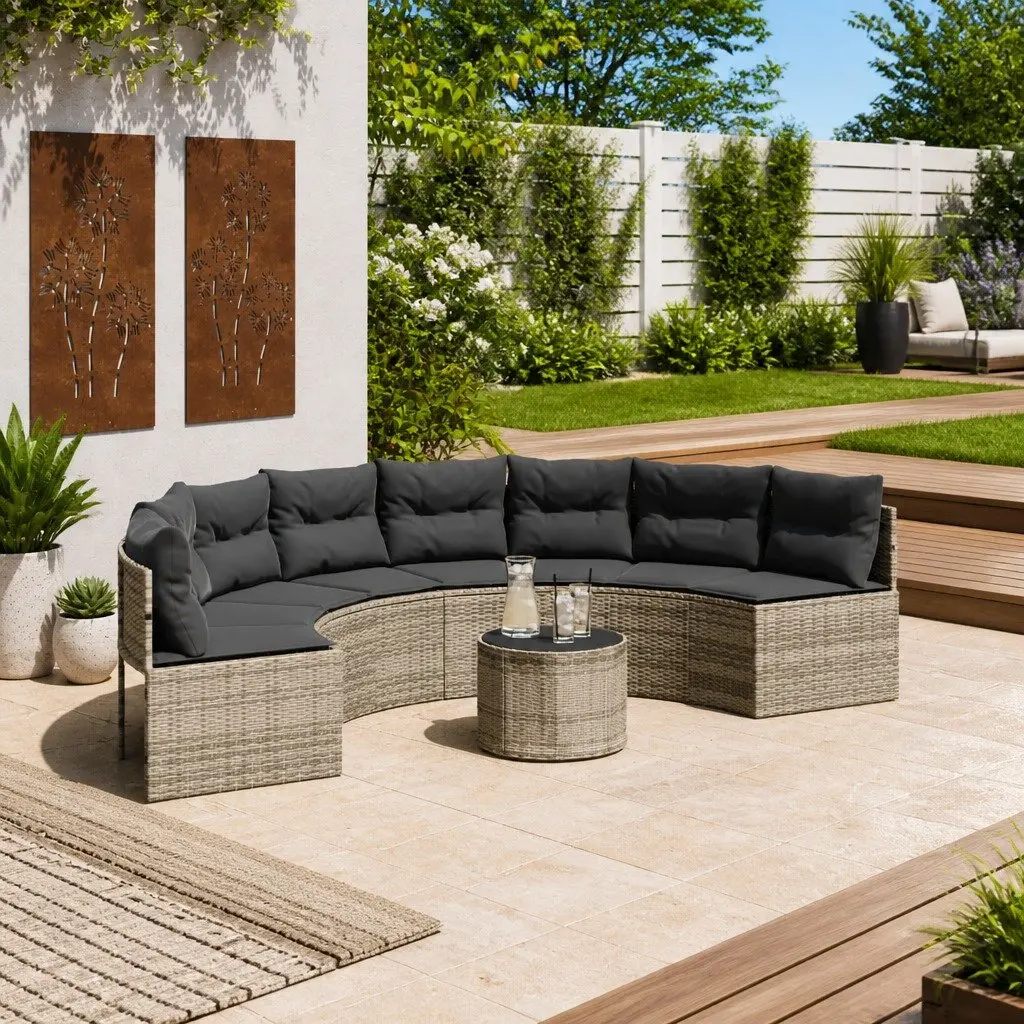 Half-Round Garden Sofa with Glass Table in Grey