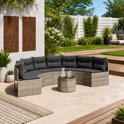Stylish Half-Round Garden Sofa with Glass Table in Grey