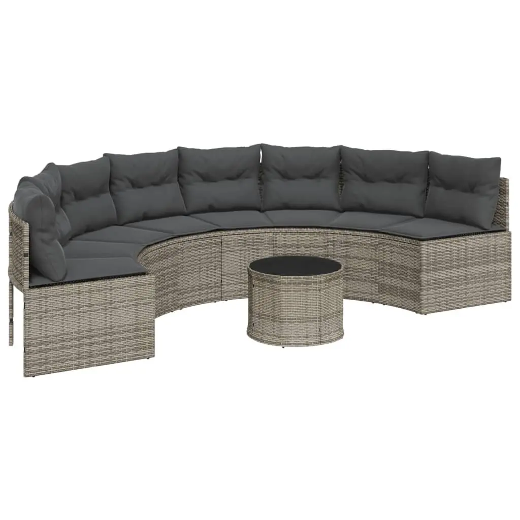 Half-Round Garden Sofa with Glass Table in Grey