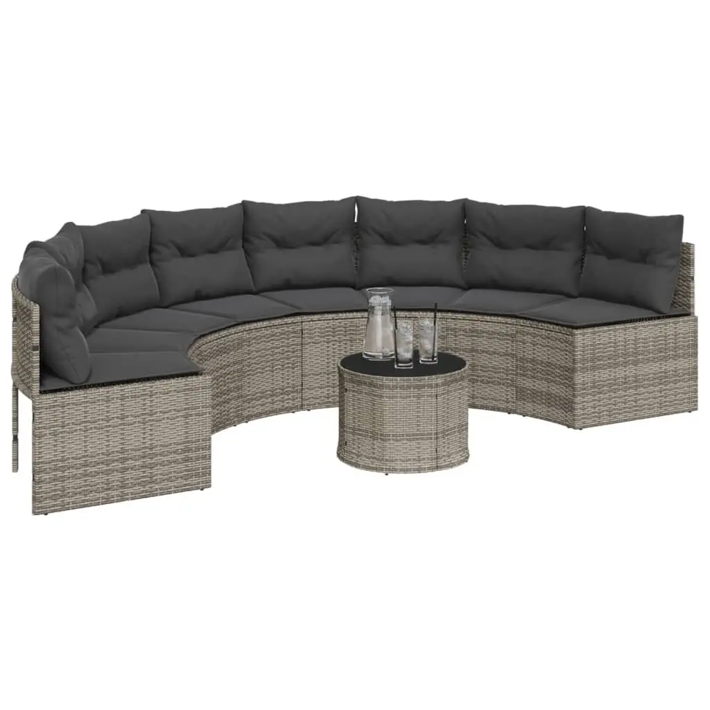 Half-Round Garden Sofa with Glass Table in Grey